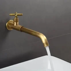 Wall Mounted Bathroom Sink Faucet Cold Water Only, Basin Taps Vintage Brass Single Handles One 3 Hole Washroom Wash Baxin Tap