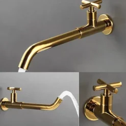 Wall Mounted Bathroom Sink Faucet Cold Water Only, Basin Taps Vintage Brass Single Handles One 3 Hole Washroom Wash Baxin Tap