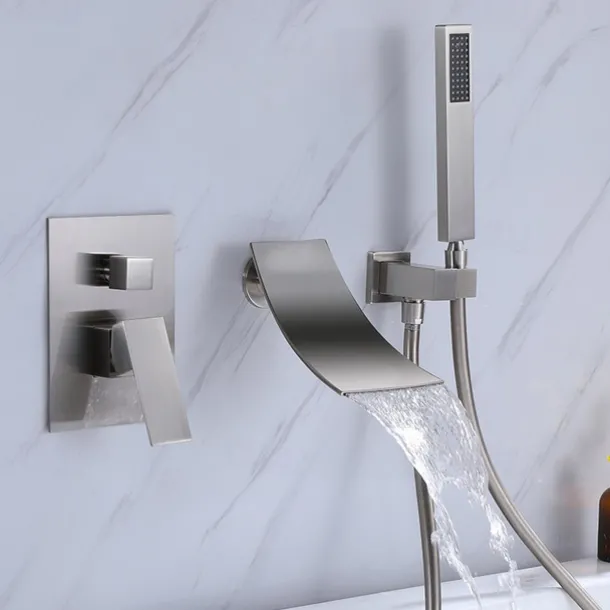 Wall Mounted Bathtub Faucet with Hand Shower, Modern Wall Installation with Ceramic Valve, Bathtub Filling Shower Mixer Faucets, Single Handle Cascading Faucet