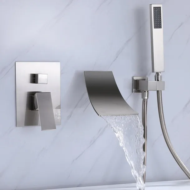 Wall Mounted Bathtub Faucet with Hand Shower, Modern Wall Installation with Ceramic Valve, Bathtub Filling Shower Mixer Faucets, Single Handle Cascading Faucet