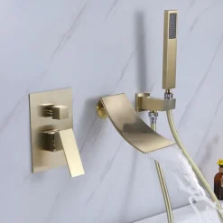 Wall Mounted Bathtub Faucet with Hand Shower, Modern Wall Installation with Ceramic Valve, Bathtub Filling Shower Mixer Faucets, Single Handle Cascading Faucet