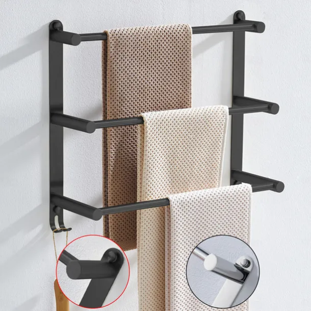 Wall Mounted Towel Rack with Hooks,Stainless Steel 3-TierTowel Bar Storage Shelf for Bathroom 30cm~70cm Towel Holder Towel Rail Towel Hanger