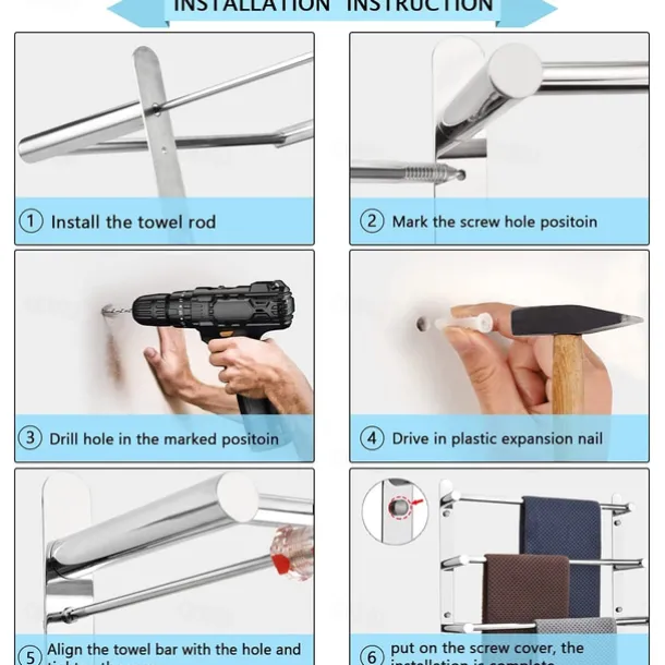 Wall Mounted Towel Rack with Hooks,Stainless Steel 3-TierTowel Bar Storage Shelf for Bathroom 30cm~70cm Towel Holder Towel Rail Towel Hanger