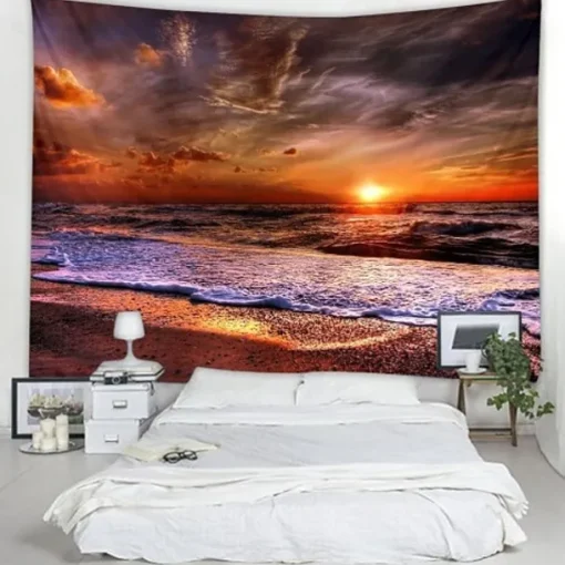 Wall Tapestry Art Decor Blanket Curtain Picnic Tablecloth Hanging Home Bedroom Living Room Dorm Decoration Landscape Beach Sea Ocean Wave Sunrise Sunset Rosy Cloud