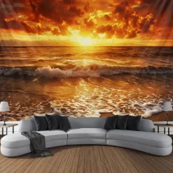Wall Tapestry Art Decor Blanket Curtain Picnic Tablecloth Hanging Home Bedroom Living Room Dorm Decoration Landscape Beach Sea Ocean Wave Sunrise Sunset Rosy Cloud