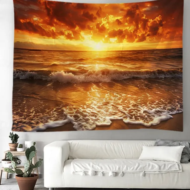 Wall Tapestry Art Decor Blanket Curtain Picnic Tablecloth Hanging Home Bedroom Living Room Dorm Decoration Landscape Beach Sea Ocean Wave Sunrise Sunset Rosy Cloud