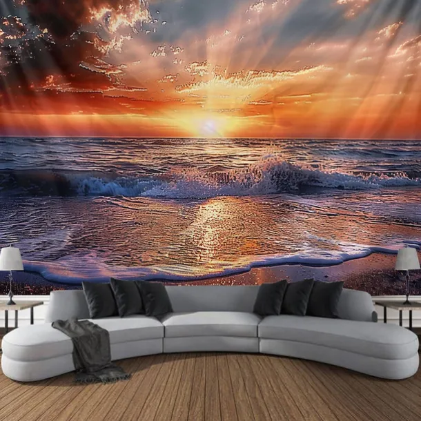 Wall Tapestry Art Decor Blanket Curtain Picnic Tablecloth Hanging Home Bedroom Living Room Dorm Decoration Landscape Beach Sea Ocean Wave Sunrise Sunset Rosy Cloud