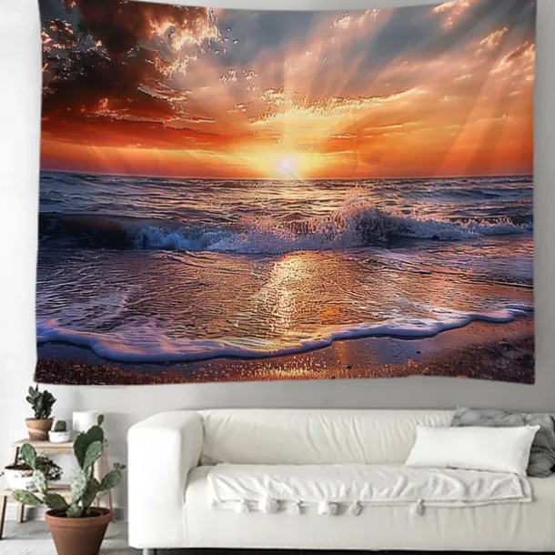Wall Tapestry Art Decor Blanket Curtain Picnic Tablecloth Hanging Home Bedroom Living Room Dorm Decoration Landscape Beach Sea Ocean Wave Sunrise Sunset Rosy Cloud