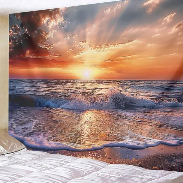 Wall Tapestry Art Decor Blanket Curtain Picnic Tablecloth Hanging Home Bedroom Living Room Dorm Decoration Landscape Beach Sea Ocean Wave Sunrise Sunset Rosy Cloud