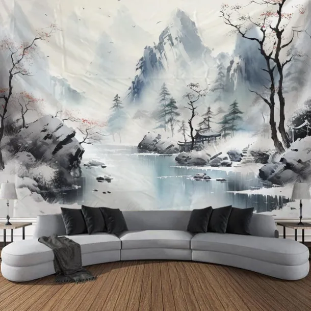 Watercolor Landscape Hanging Tapestry Chinese Style Wall Art Large Tapestry Mural Decor Photograph Backdrop Blanket Curtain Home Bedroom Living Room Decoration