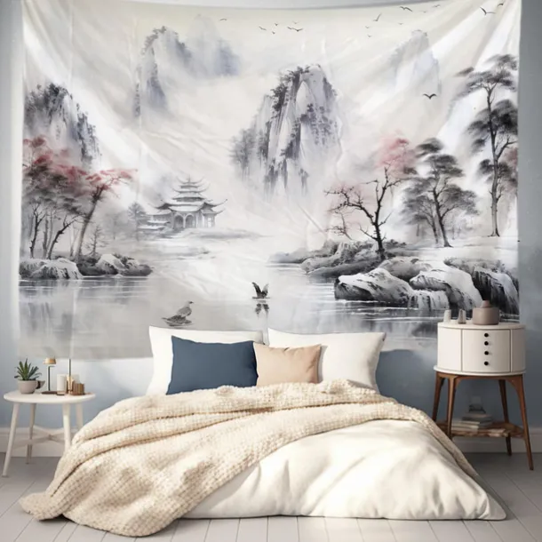 Watercolor Landscape Hanging Tapestry Chinese Style Wall Art Large Tapestry Mural Decor Photograph Backdrop Blanket Curtain Home Bedroom Living Room Decoration