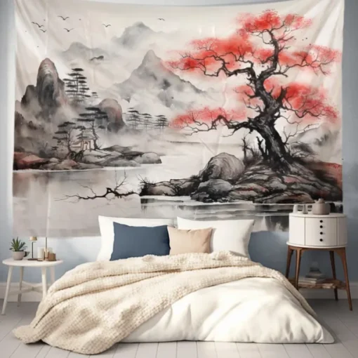 Watercolor Landscape Hanging Tapestry Chinese Style Wall Art Large Tapestry Mural Decor Photograph Backdrop Blanket Curtain Home Bedroom Living Room Decoration