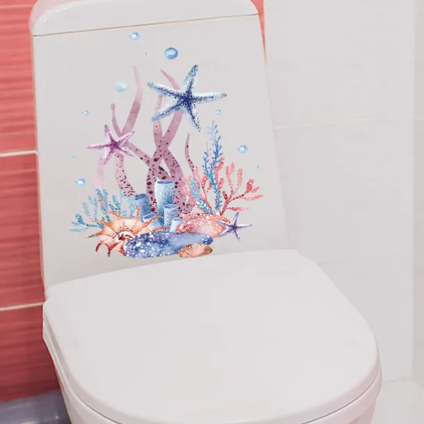 Watercolor Toilet Decals: Coral, Starfish, Seagrass, Jellyfish, Conch - Removable Bathroom Household Wall Stickers, Ideal for Adding a Beachy Vibe to Your Space