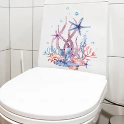 Watercolor Toilet Decals: Coral, Starfish, Seagrass, Jellyfish, Conch - Removable Bathroom Household Wall Stickers, Ideal for Adding a Beachy Vibe to Your Space