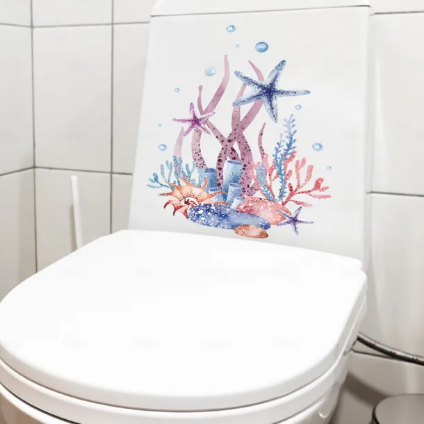 Watercolor Toilet Decals: Coral, Starfish, Seagrass, Jellyfish, Conch - Removable Bathroom Household Wall Stickers, Ideal for Adding a Beachy Vibe to Your Space