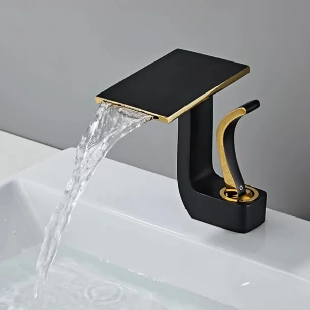 Waterfall Basin Sink Mixer Faucet, Brass Bathroom Taps Single Handle One Hole with Hot and Cold Hose Vessel Water Tap Deck Mounted