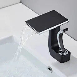 Waterfall Basin Sink Mixer Faucet, Brass Bathroom Taps Single Handle One Hole with Hot and Cold Hose Vessel Water Tap Deck Mounted