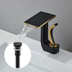 Waterfall Basin Sink Mixer Faucet, Brass Bathroom Taps Single Handle One Hole with Hot and Cold Hose Vessel Water Tap Deck Mounted