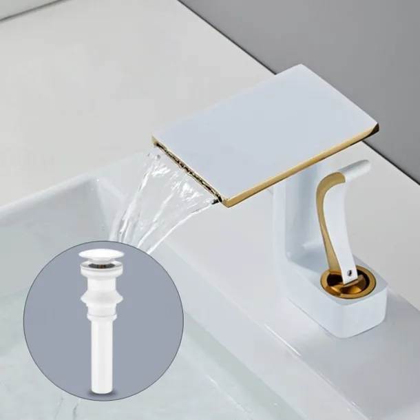 Waterfall Basin Sink Mixer Faucet, Brass Bathroom Taps Single Handle One Hole with Hot and Cold Hose Vessel Water Tap Deck Mounted