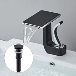 Waterfall Basin Sink Mixer Faucet, Brass Bathroom Taps Single Handle One Hole with Hot and Cold Hose Vessel Water Tap Deck Mounted