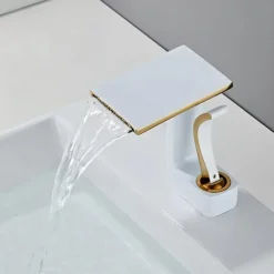 Waterfall Basin Sink Mixer Faucet, Brass Bathroom Taps Single Handle One Hole with Hot and Cold Hose Vessel Water Tap Deck Mounted