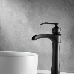 Waterfall Basin Sink Mixer Faucet Black, Tall Bathroom Taps Single Handle One Hole with Hot and Cold Hose Vessel Water Tap Deck Mounted