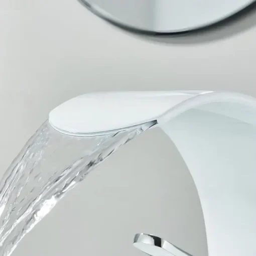 Waterfall Bathroom Faucet Sink Mixer Basin Taps, Arc Spout Single Handle Washroom Faucet Deck Mounted with Cold and Hot Hose Black Chrome White