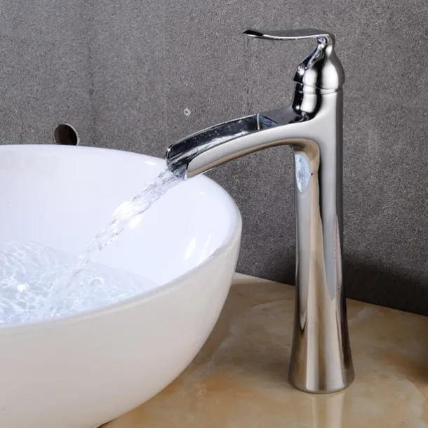 Waterfall Bathroom Faucet, Rustic Nickel Single Handle One Hole Brass Waterfall Bathroom Sink Faucet with Hot and Cold Water