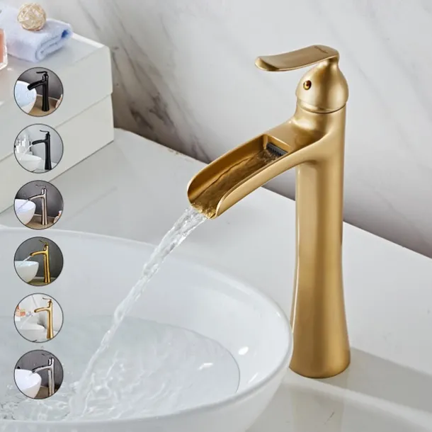 Waterfall Bathroom Faucet, Rustic Nickel Single Handle One Hole Brass Waterfall Bathroom Sink Faucet with Hot and Cold Water