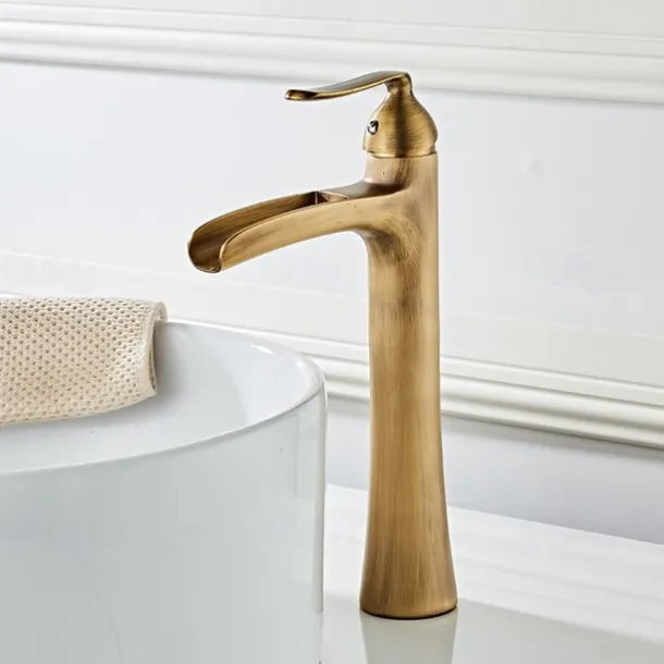 Waterfall Bathroom Faucet, Rustic Nickel Single Handle One Hole Brass Waterfall Bathroom Sink Faucet with Hot and Cold Water