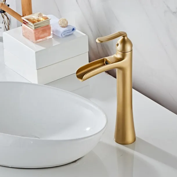 Waterfall Bathroom Faucet, Rustic Nickel Single Handle One Hole Brass Waterfall Bathroom Sink Faucet with Hot and Cold Water