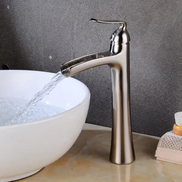 Waterfall Bathroom Faucet, Rustic Nickel Single Handle One Hole Brass Waterfall Bathroom Sink Faucet with Hot and Cold Water