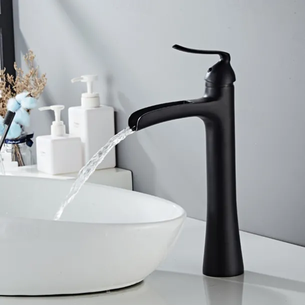 Waterfall Bathroom Faucet, Rustic Nickel Single Handle One Hole Brass Waterfall Bathroom Sink Faucet with Hot and Cold Water