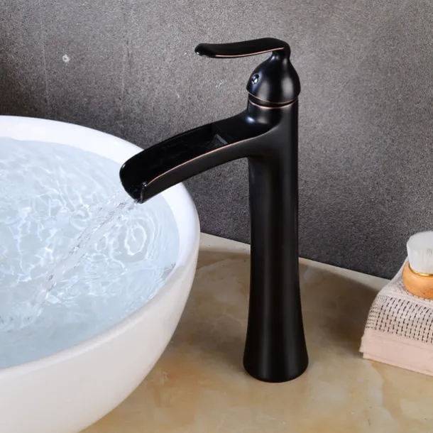 Waterfall Bathroom Faucet, Rustic Nickel Single Handle One Hole Brass Waterfall Bathroom Sink Faucet with Hot and Cold Water