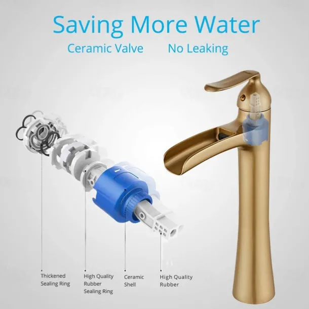 Waterfall Bathroom Faucet, Rustic Nickel Single Handle One Hole Brass Waterfall Bathroom Sink Faucet with Hot and Cold Water