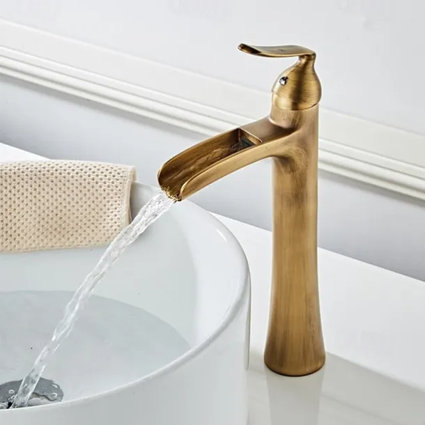 Waterfall Bathroom Faucet, Rustic Nickel Single Handle One Hole Brass Waterfall Bathroom Sink Faucet with Hot and Cold Water