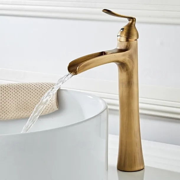 Waterfall Bathroom Faucet, Rustic Nickel Single Handle One Hole Brass Waterfall Bathroom Sink Faucet with Hot and Cold Water