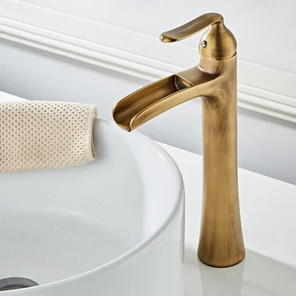 Waterfall Bathroom Faucet, Rustic Nickel Single Handle One Hole Brass Waterfall Bathroom Sink Faucet with Hot and Cold Water