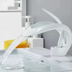 Waterfall Bathroom Sink Faucet, Centerset Curved Single Handle One Hole Bath Taps with Hot and Cold Water Switch, Ceramic Valve Insides