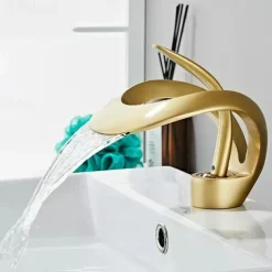 Waterfall Bathroom Sink Faucet, Centerset Curved Single Handle One Hole Bath Taps with Hot and Cold Water Switch, Ceramic Valve Insides