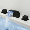 Waterfall Bathroom Sink Faucet LED Light Deck Mounted Brass, Widespread 2 Handle 3 Hole Bath Vessel Taps with Hot and Cold Water Hose