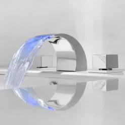 Waterfall Bathroom Sink Faucet LED Light Deck Mounted Brass, Widespread 2 Handle 3 Hole Bath Vessel Taps with Hot and Cold Water Hose