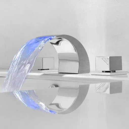 Waterfall Bathroom Sink Faucet LED Light Deck Mounted Brass, Widespread 2 Handle 3 Hole Bath Vessel Taps with Hot and Cold Water Hose
