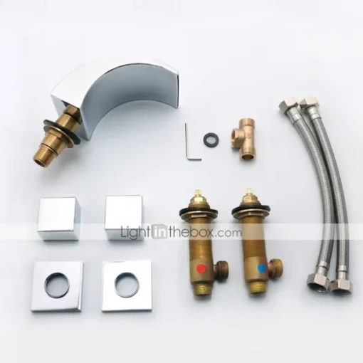 Waterfall Bathroom Sink Faucet LED Light Deck Mounted Brass, Widespread 2 Handle 3 Hole Bath Vessel Taps with Hot and Cold Water Hose