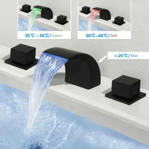 Waterfall Bathroom Sink Faucet LED Light Deck Mounted Brass, Widespread 2 Handle 3 Hole Bath Vessel Taps with Hot and Cold Water Hose