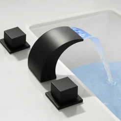 Waterfall Bathroom Sink Faucet LED Light Deck Mounted Brass, Widespread 2 Handle 3 Hole Bath Vessel Taps with Hot and Cold Water Hose