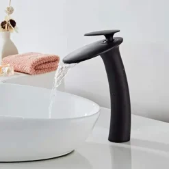 Waterfall Bathroom Sink Faucet with Supply Hose,Single Handle Single Hole Vessel Lavatory Faucet,Slanted Body Basin Mixer Tap Tall Body Commercial