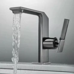 Waterfall Bathroom Sink Mixer Faucet Brass, Single Handle Basin Taps One Hole Faucets with Hot and Cold Hose, Waterfall Spout Brass Bath Tap Chrome Black Gold Grey