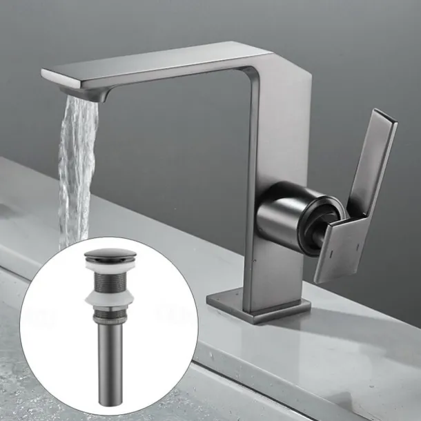 Waterfall Bathroom Sink Mixer Faucet Brass, Single Handle Basin Taps One Hole Faucets with Hot and Cold Hose, Waterfall Spout Brass Bath Tap Chrome Black Gold Grey