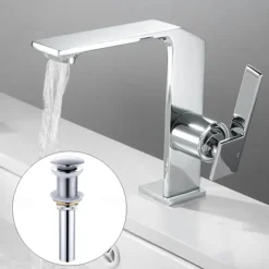 Waterfall Bathroom Sink Mixer Faucet Brass, Single Handle Basin Taps One Hole Faucets with Hot and Cold Hose, Waterfall Spout Brass Bath Tap Chrome Black Gold Grey